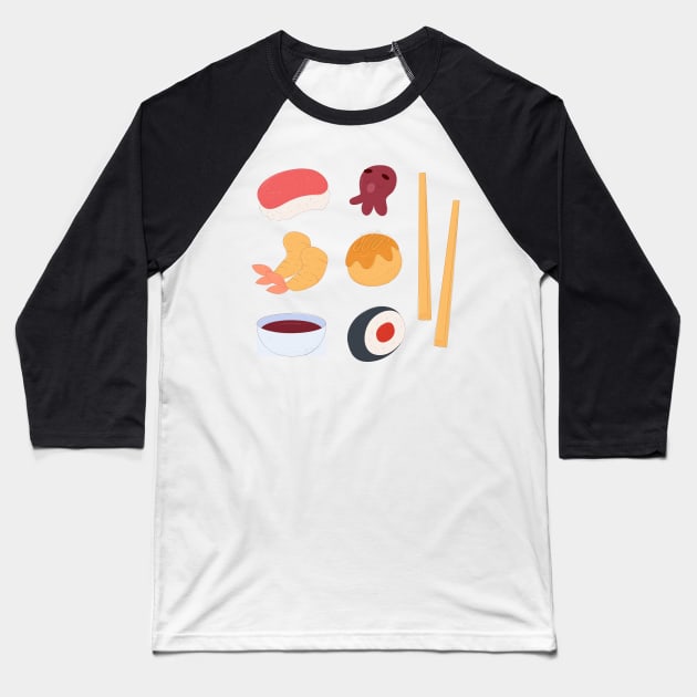 Hand Drawn Japan Food Illustration Baseball T-Shirt by Mako Design 